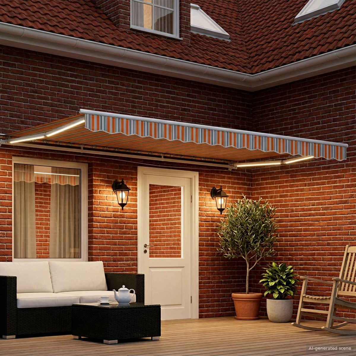 Manuel markise-ramme med LED-lys Blå, Orange, Hvid 4 × 3 m