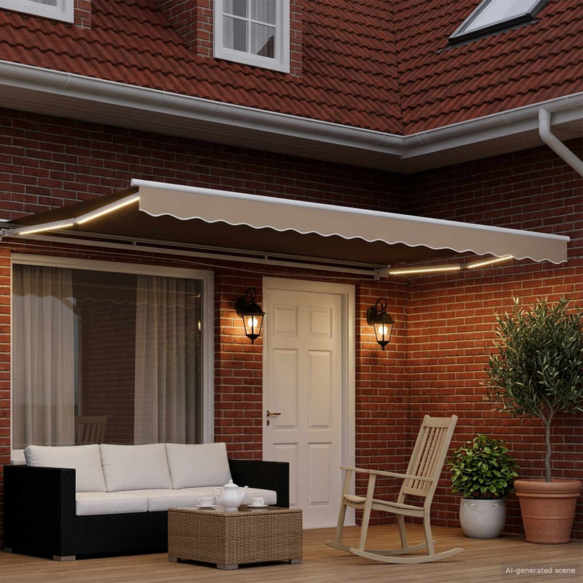 Manuel markise-ramme med LED-lys Beige og hvid 4 × 3 m
