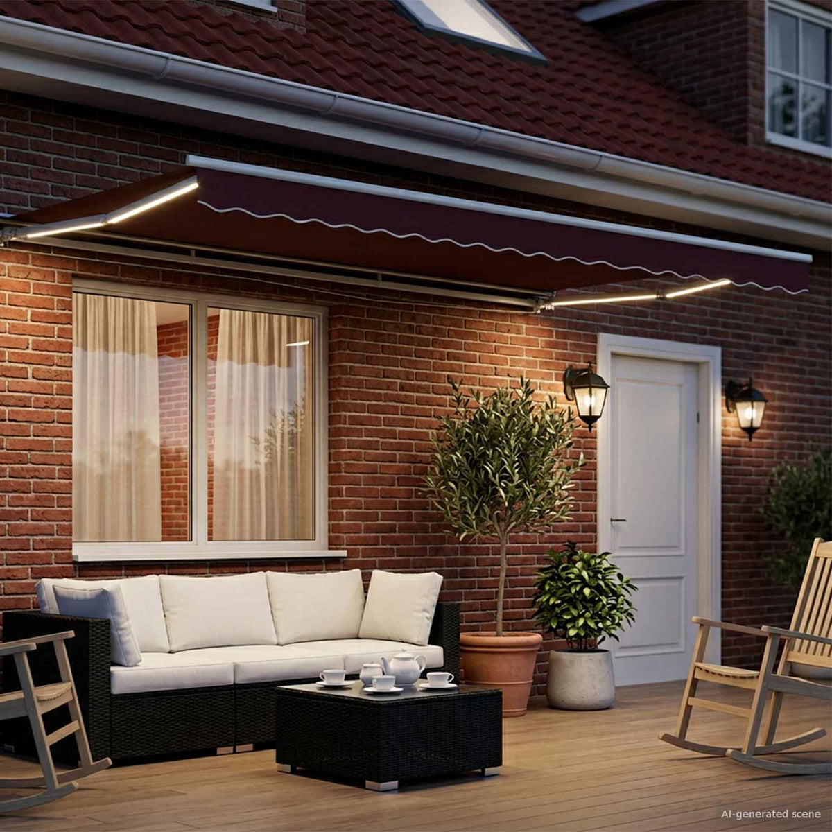 Manuel markise-ramme med LED-lys Bordeaux og Hvid 4 × 3,5 m