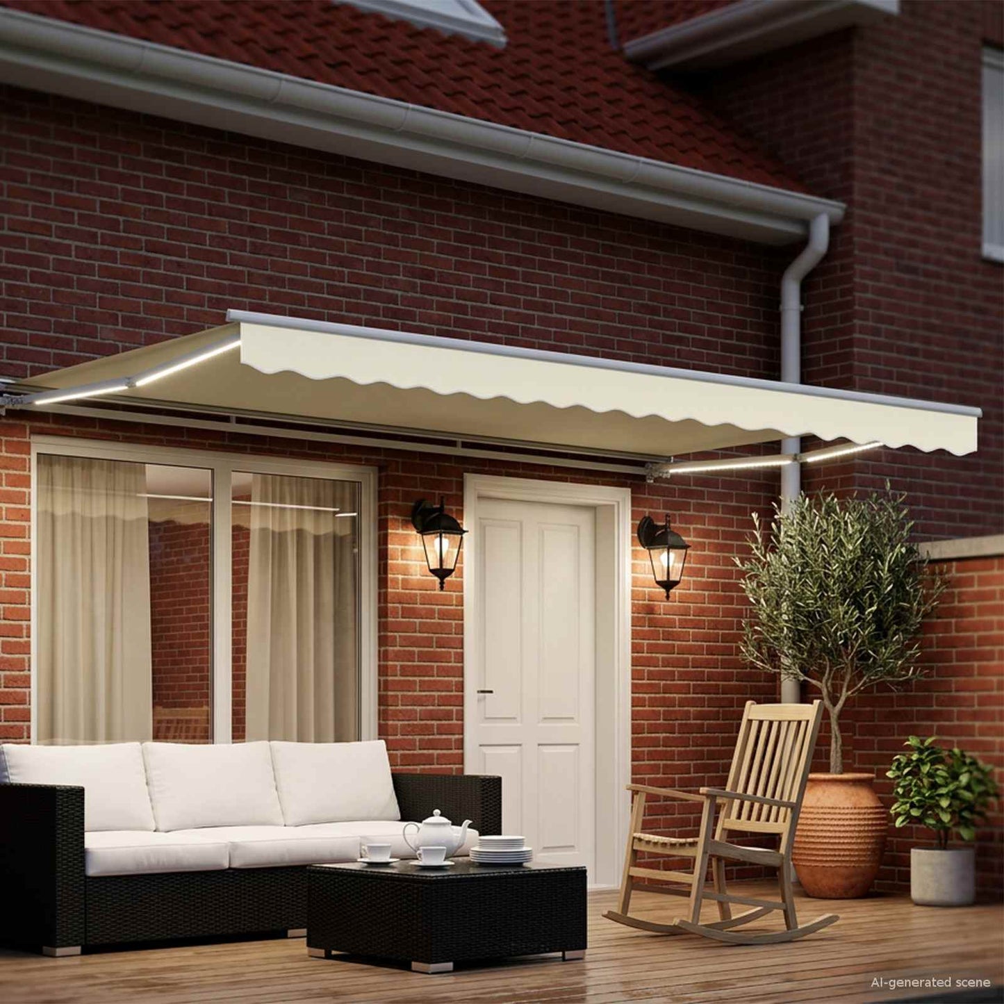Manuel markise-ramme med LED-lys Creme og hvid 4,5 × 3,5 m