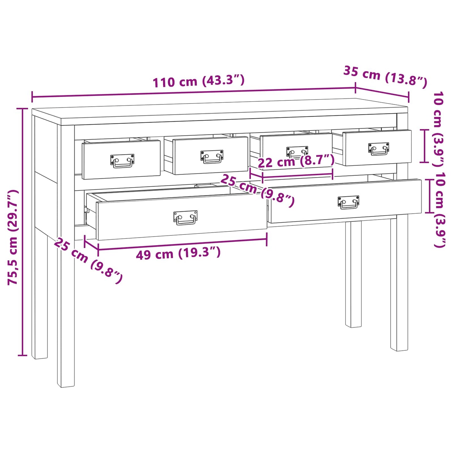 Sideboard Naturfarvet 110 x 35 x 75,5 cm Massiv Teaktræ
