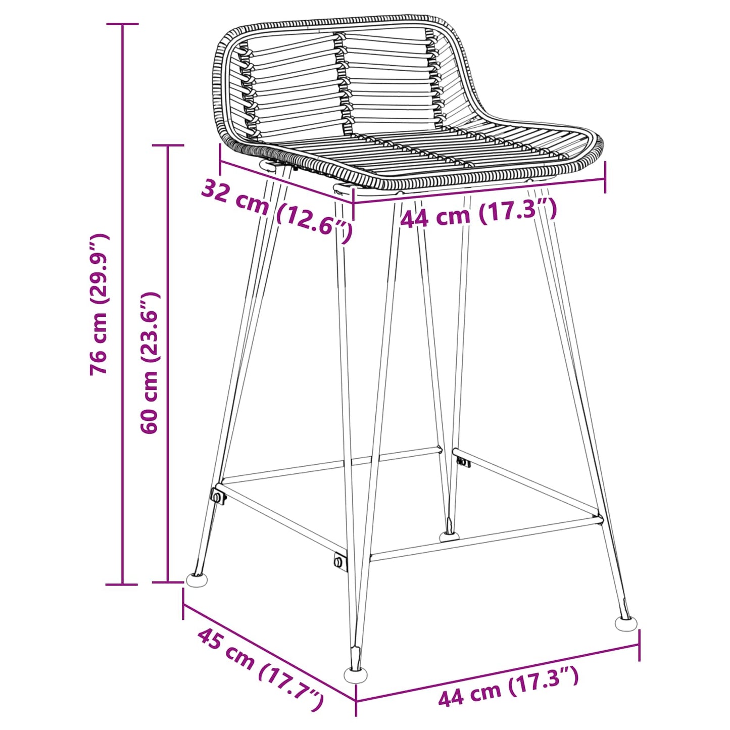 Barbænk 2 stk. Sort 44 x 45 x 76 cm Rattan og Stål