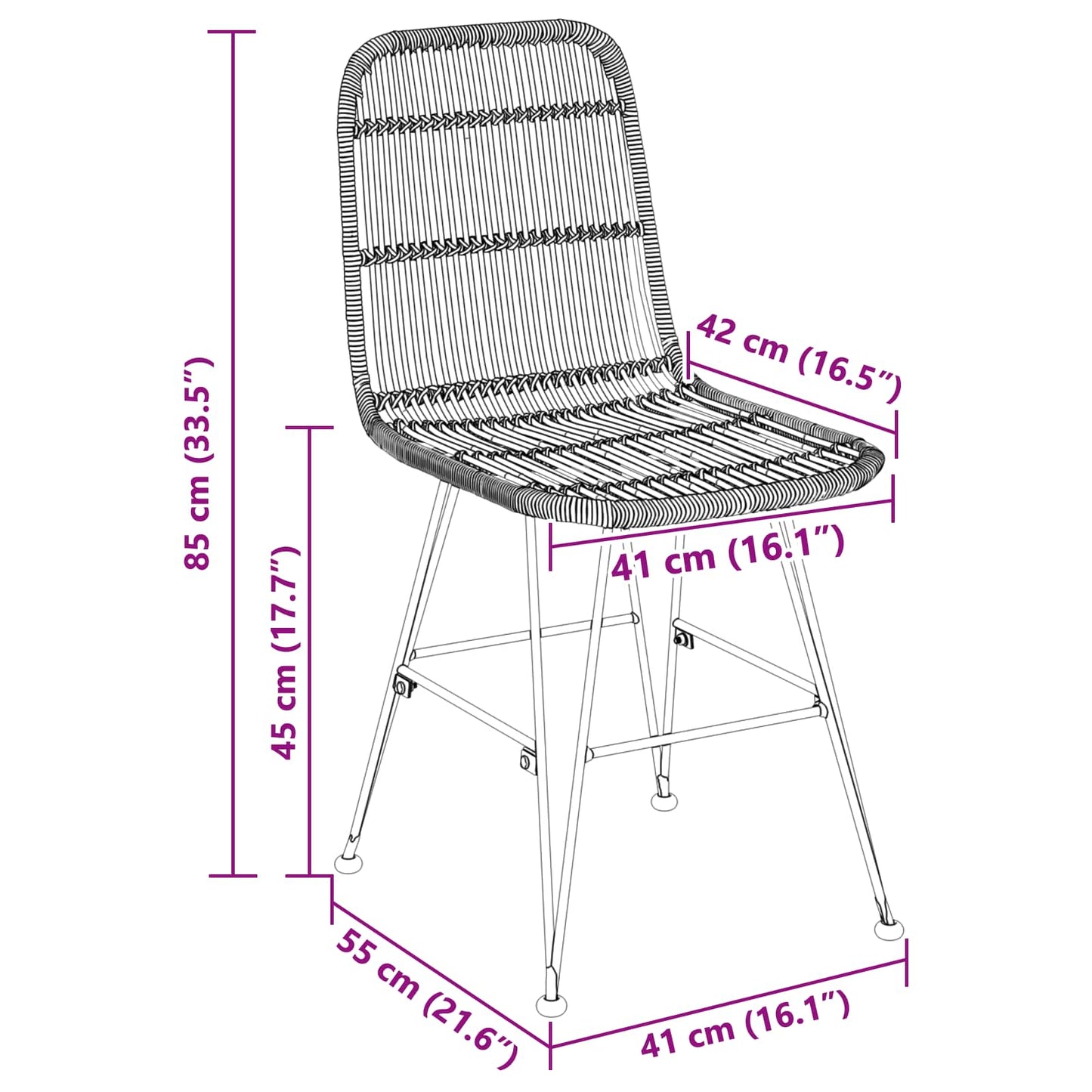 Spisestol 2 stk. Rattan og Stål Sort 41 x 55 x 85 cm