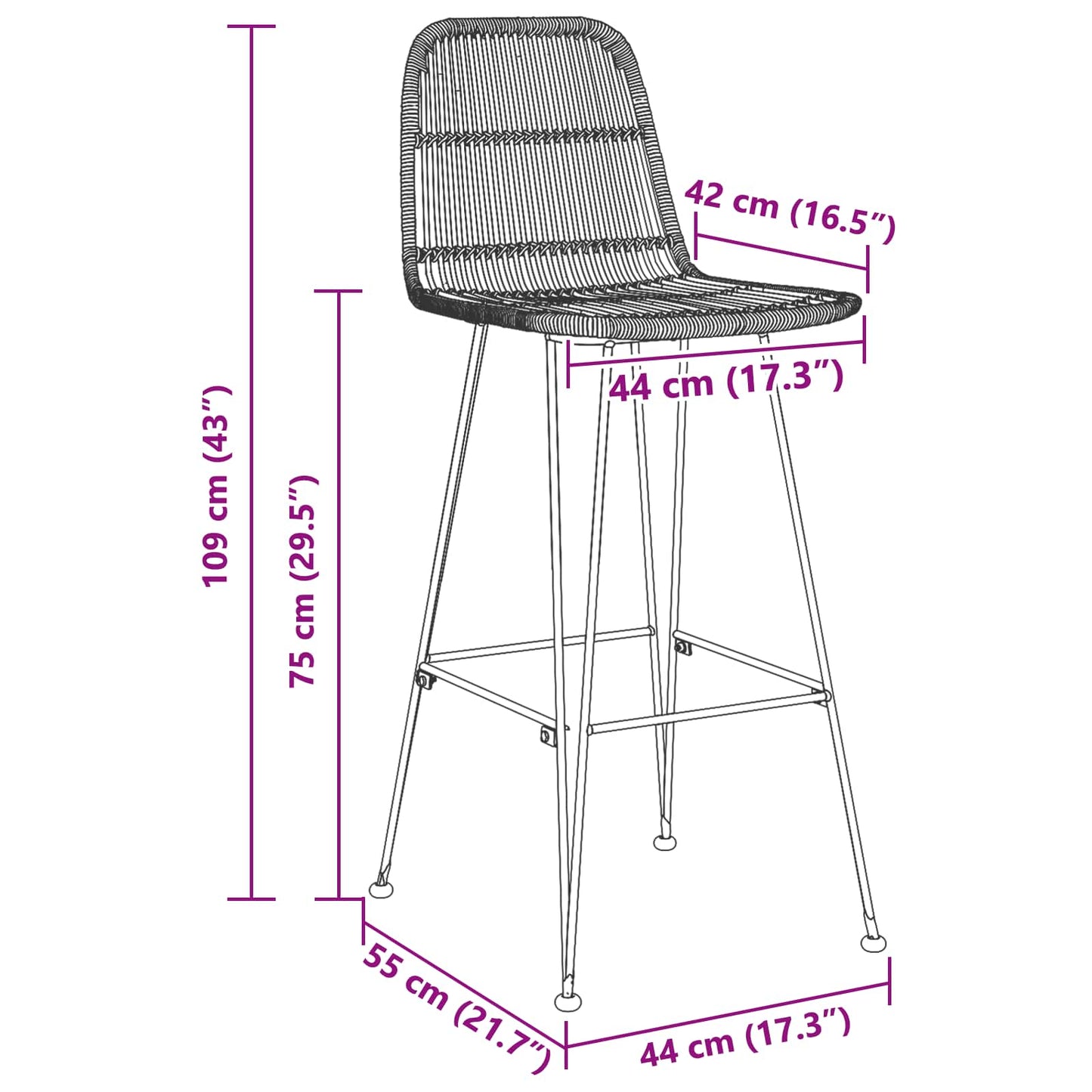 Barbænk 2 stk. Sort 44 x 55 x 109 cm Rattan og Stål