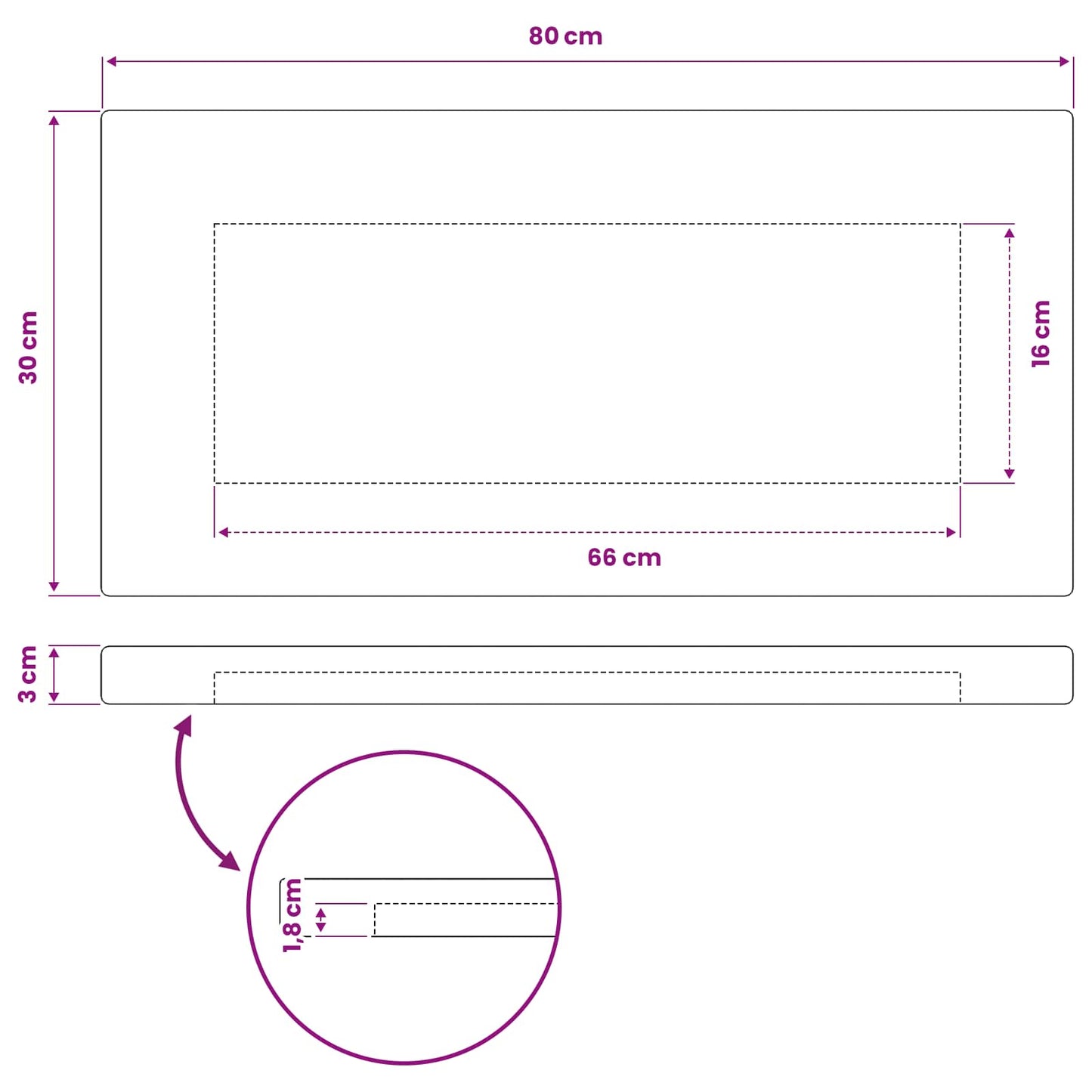 Rektangulært Bordplade 80 x 30 x 3 cm Rektangulær
