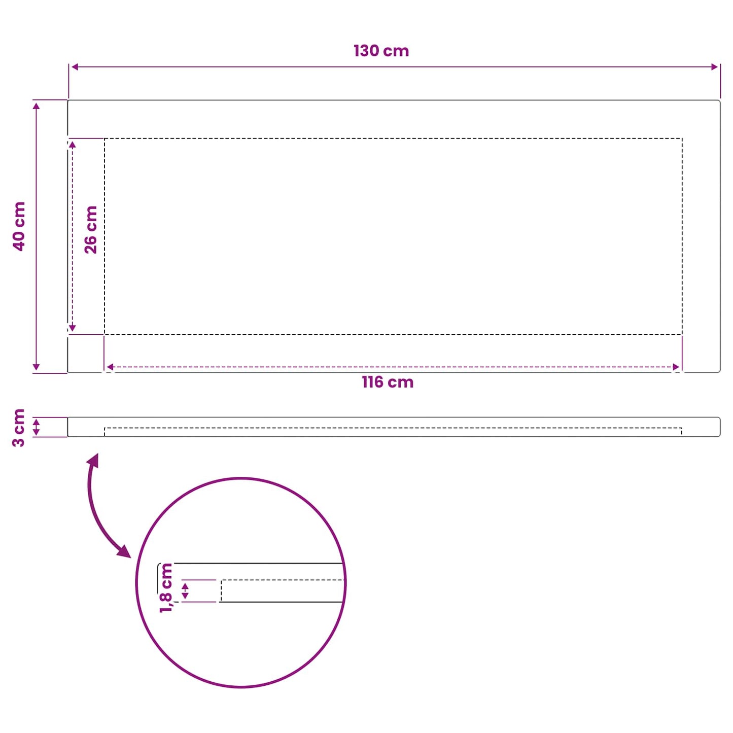 Rektangulært Bordplade 130 x 40 x 3 cm Rektangulær