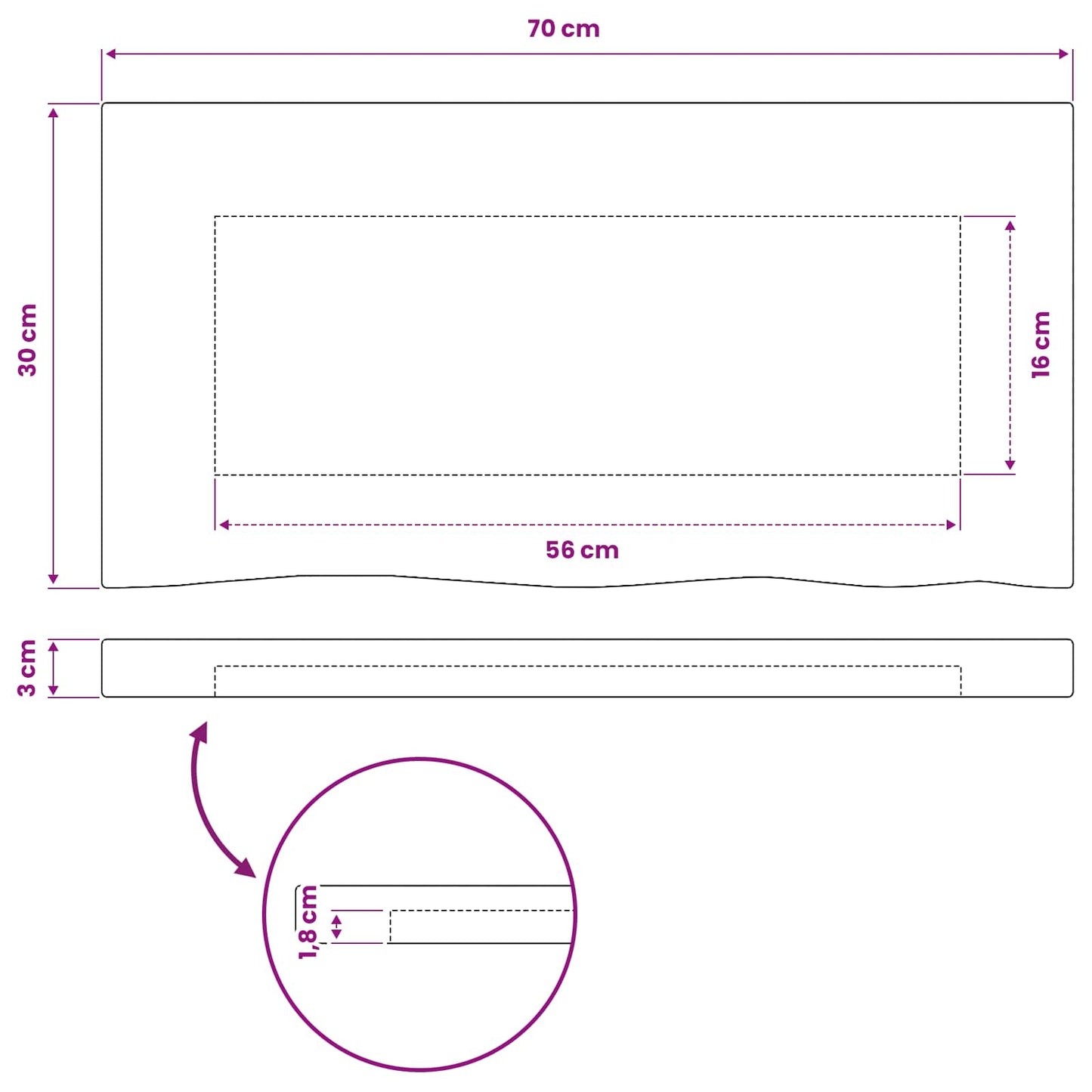 Rektangulært Bordplade 70 x 30 x 3 cm Rektangulær