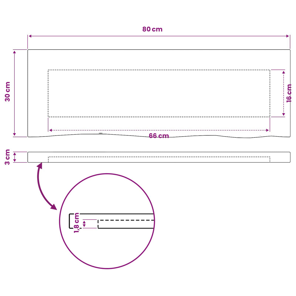 Rektangulært Bordplade 80 x 30 x 3 cm Rektangulær
