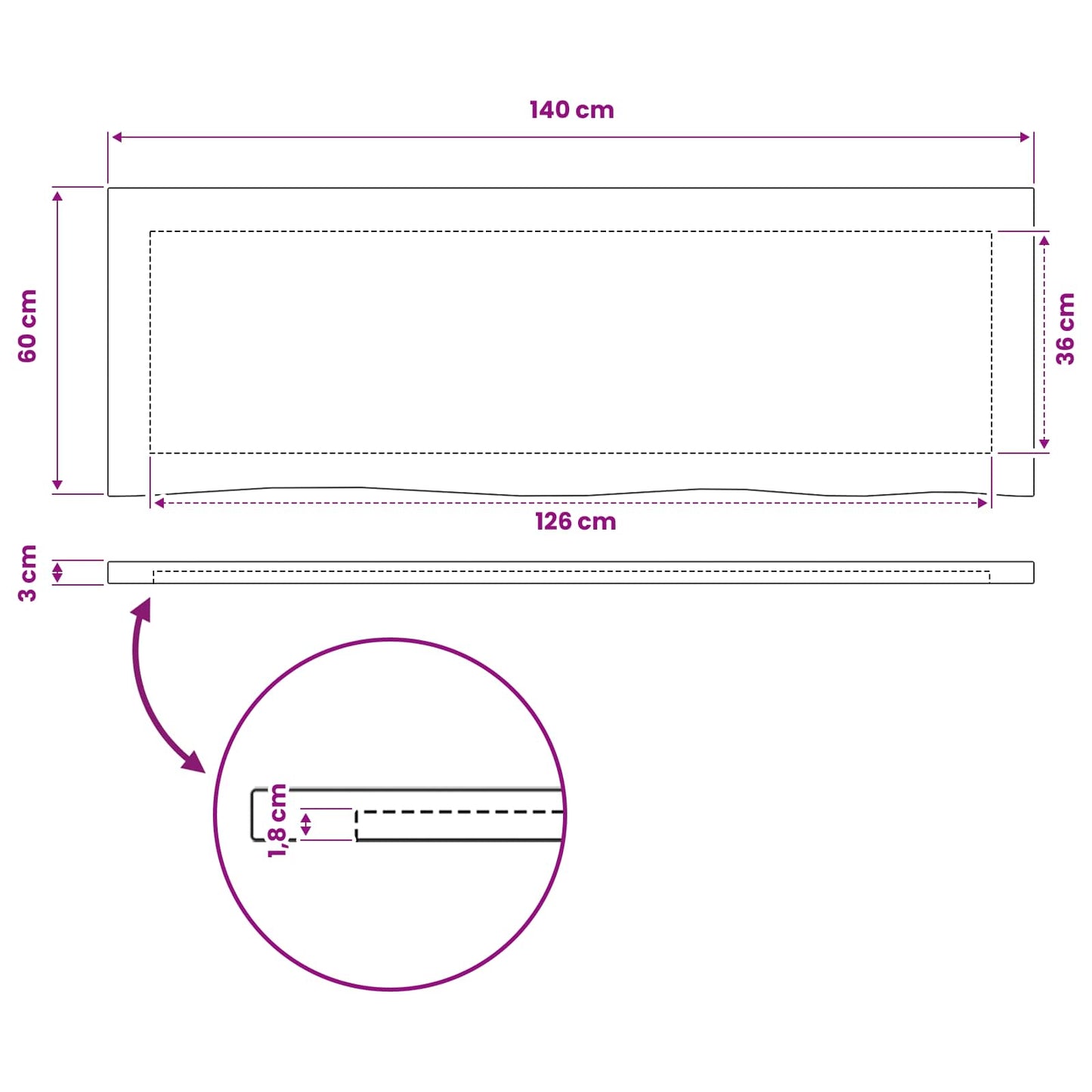 Rektangulært Bordplade 140 x 50 x 3 cm Rektangulær