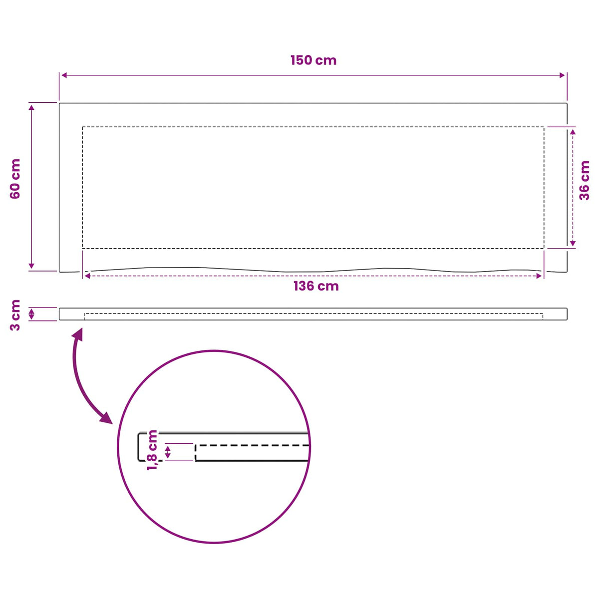 Rektangulært Bordplade 150 x 50 x 3 cm Rektangulær