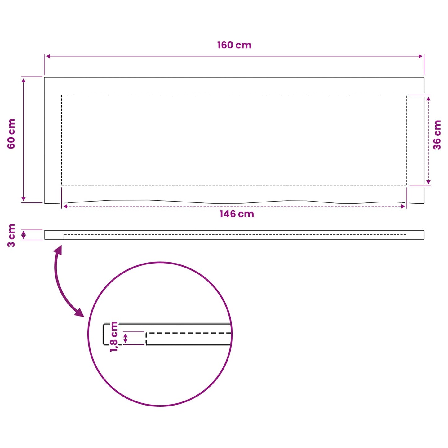 Rektangulært Bordplade 160 x 50 x 3 cm Rektangulær