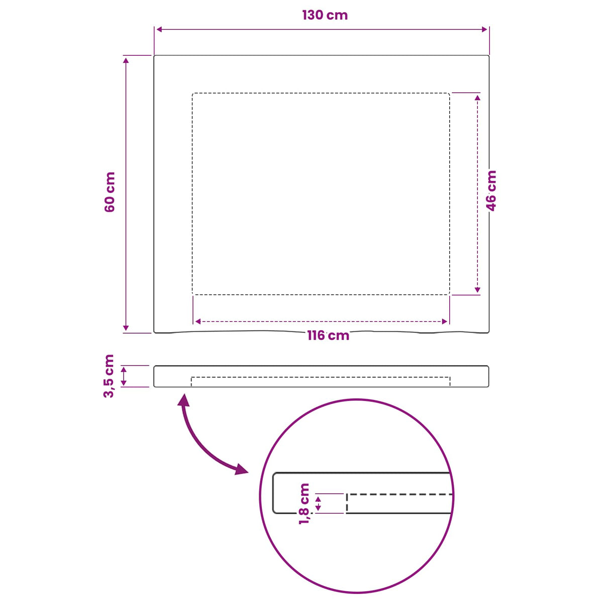 Rektangulært Bordplade 130 x 60 x 3 cm Rektangulær