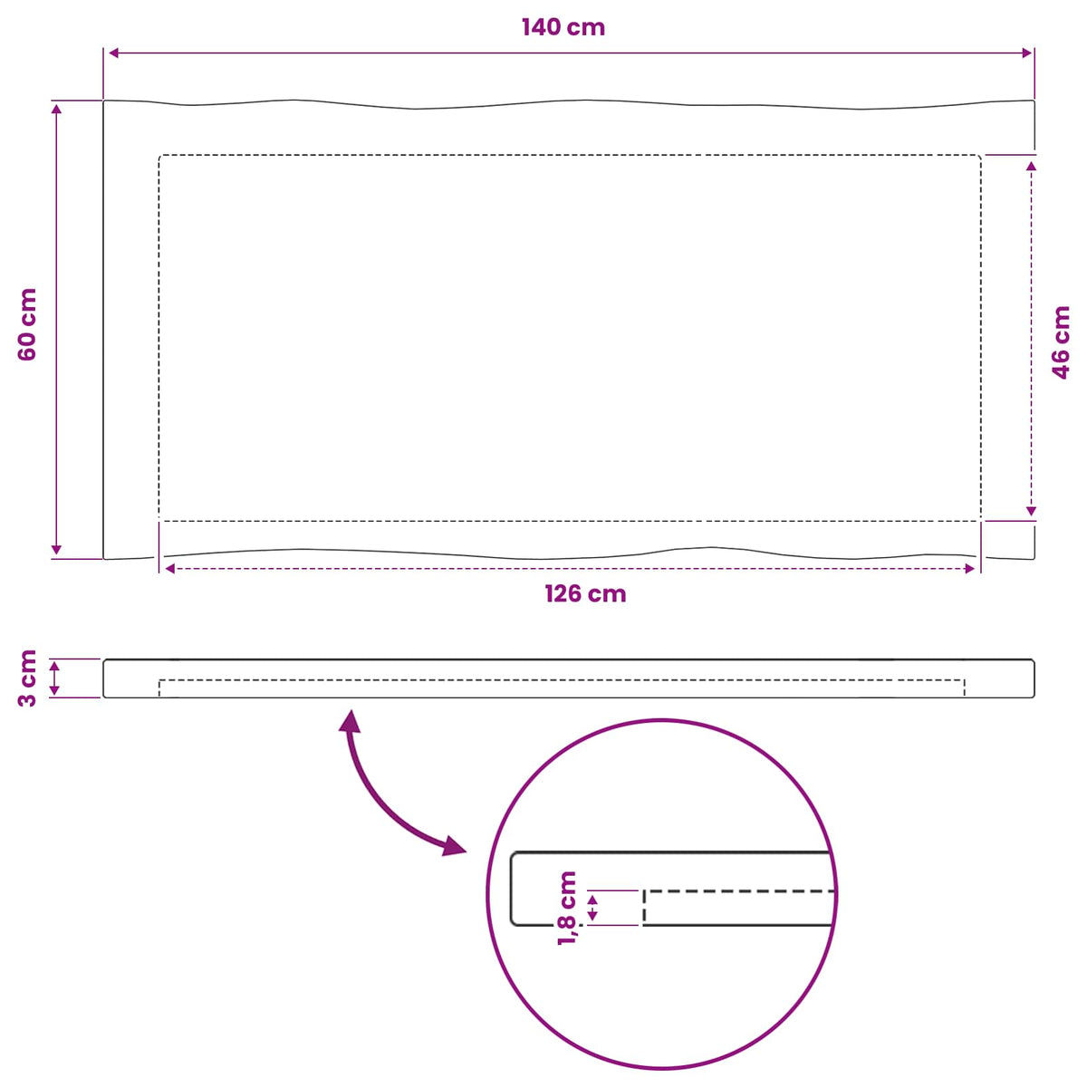 Rektangulært Bordplade 140 x 60 x 3 cm Rektangulær