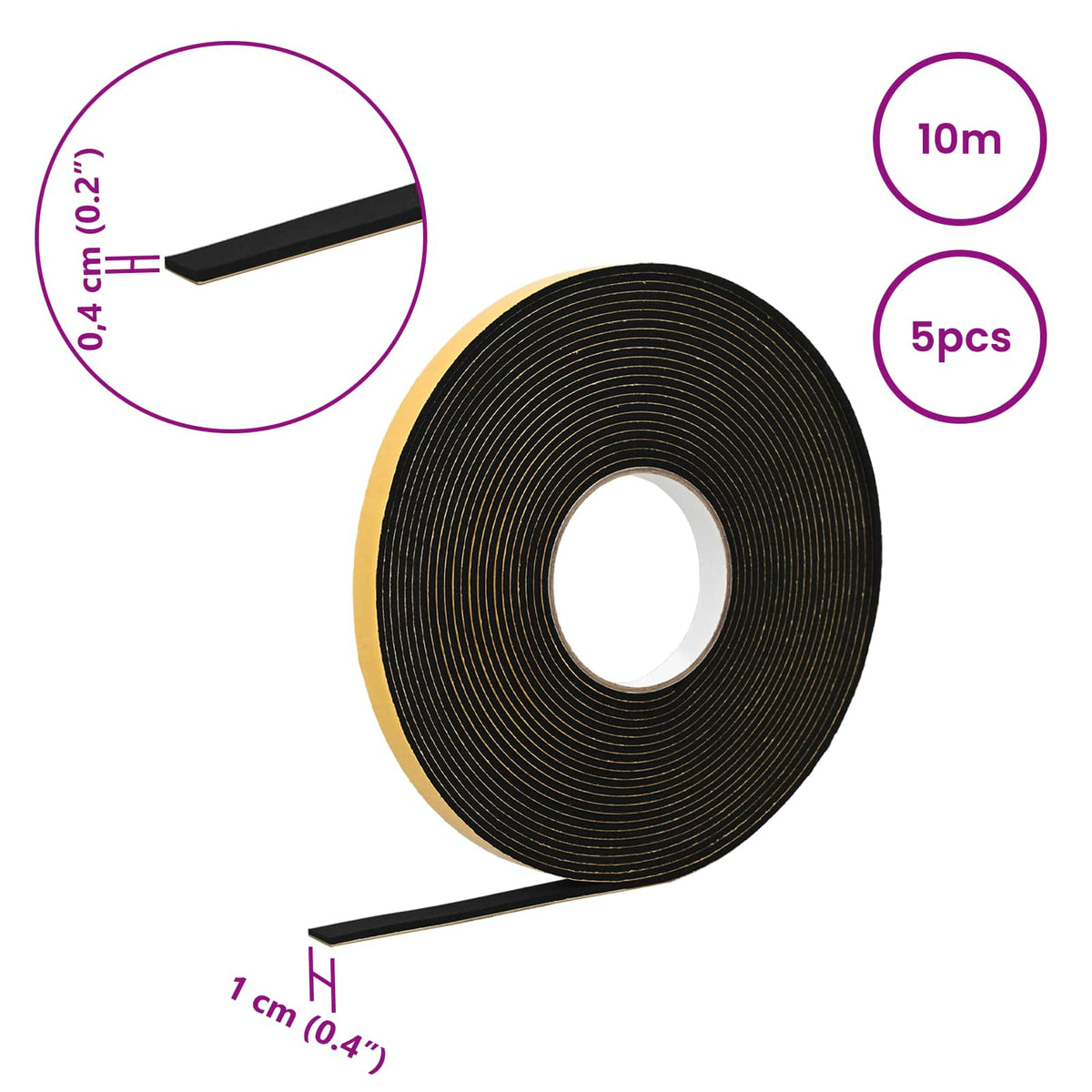 Selvklæbende skum tape 5 stk. Sort 10 mm x 10 m CR Skum