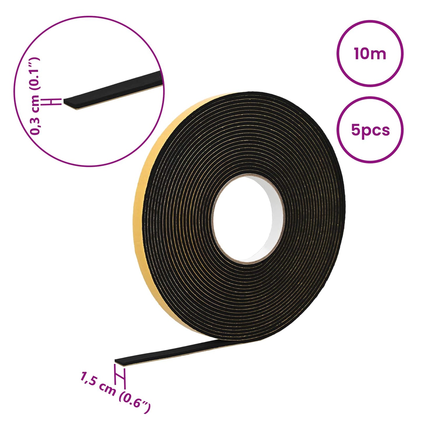 Selvklæbende skum tape 5 stk. Sort 15mm x 10m CR Skum