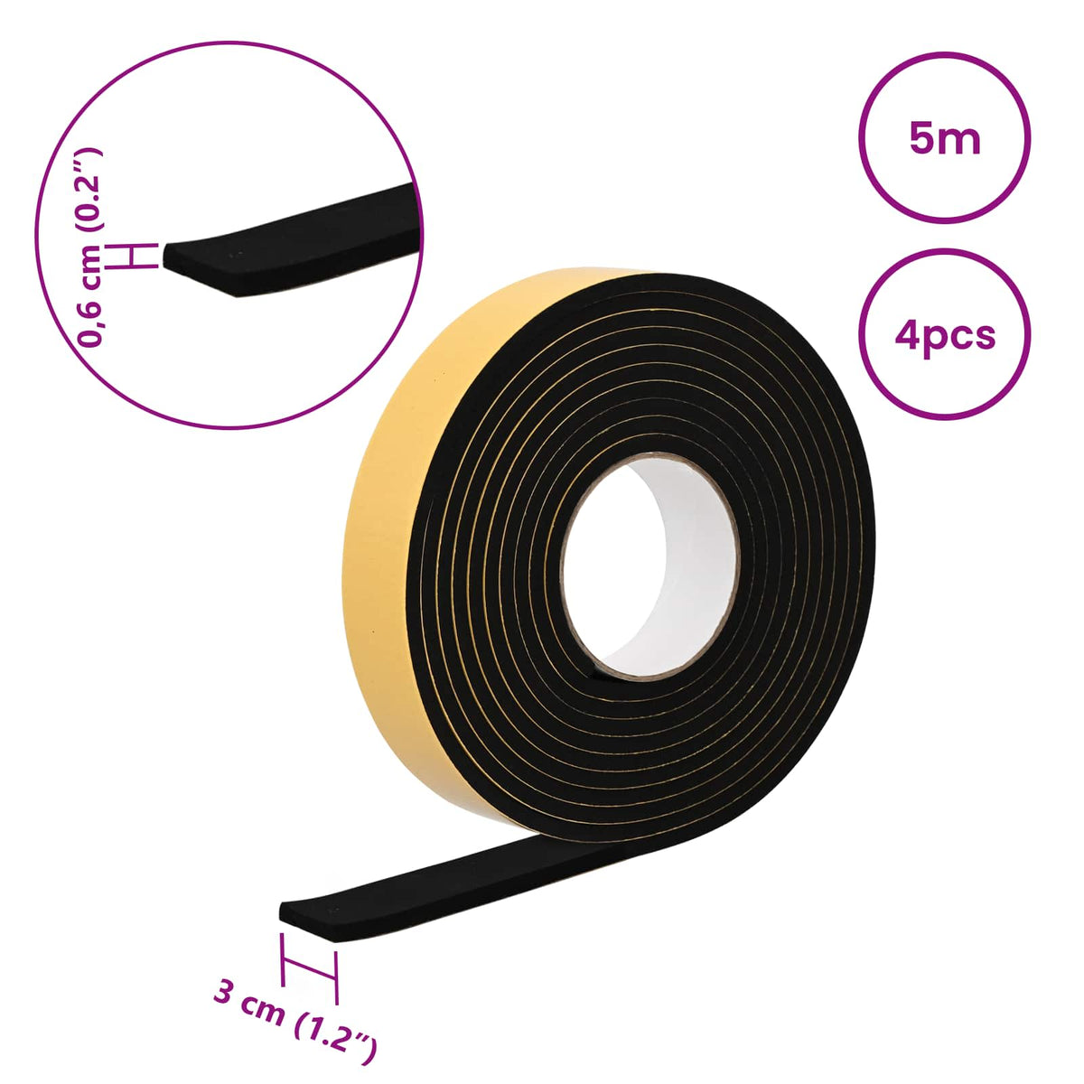 Selvklæbende skum tape 4 stk. Sort 30 mm x 5 m CR Skum