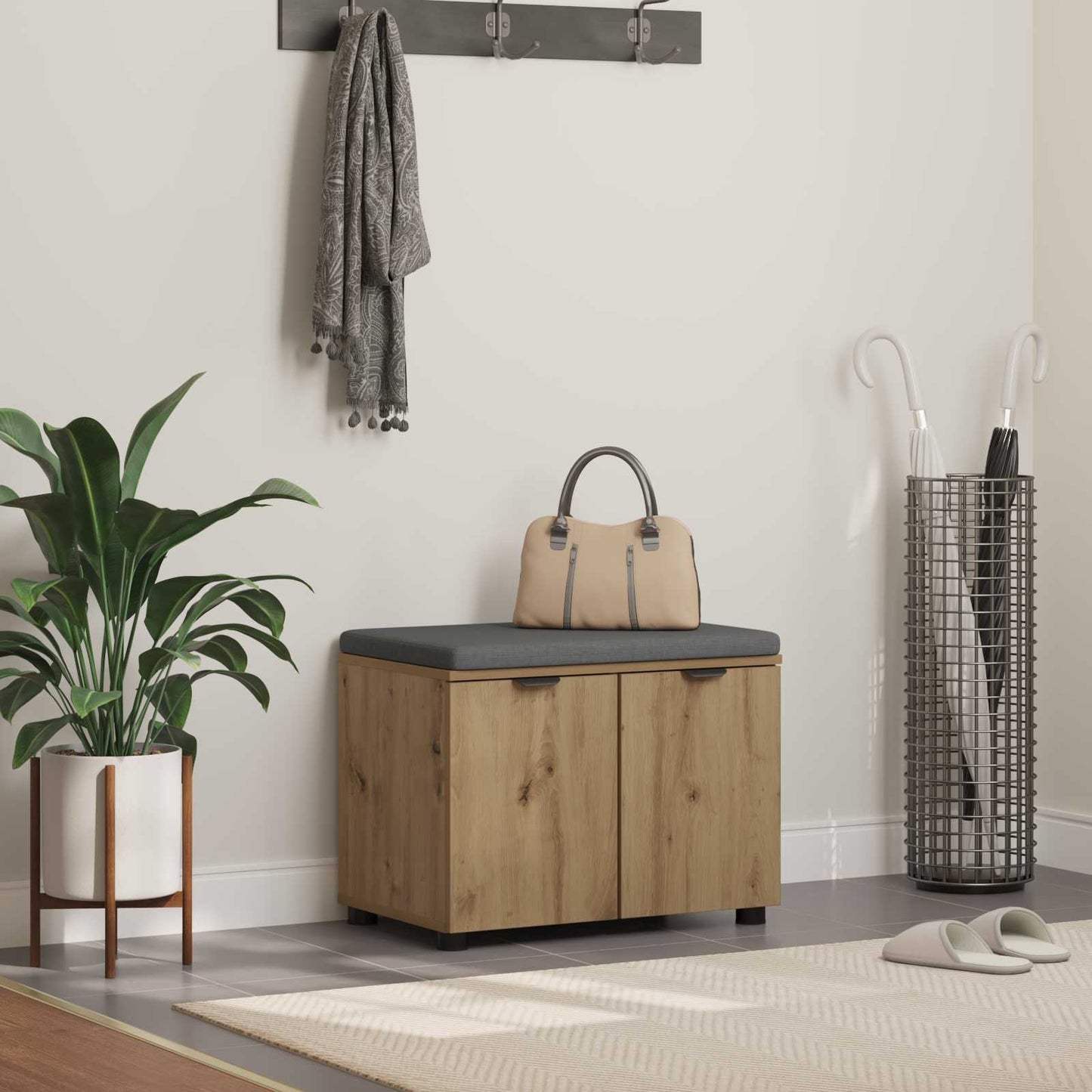 Skobænk med hynde Artisan-eg 60 x 38 x 46 cm Konstrueret træ