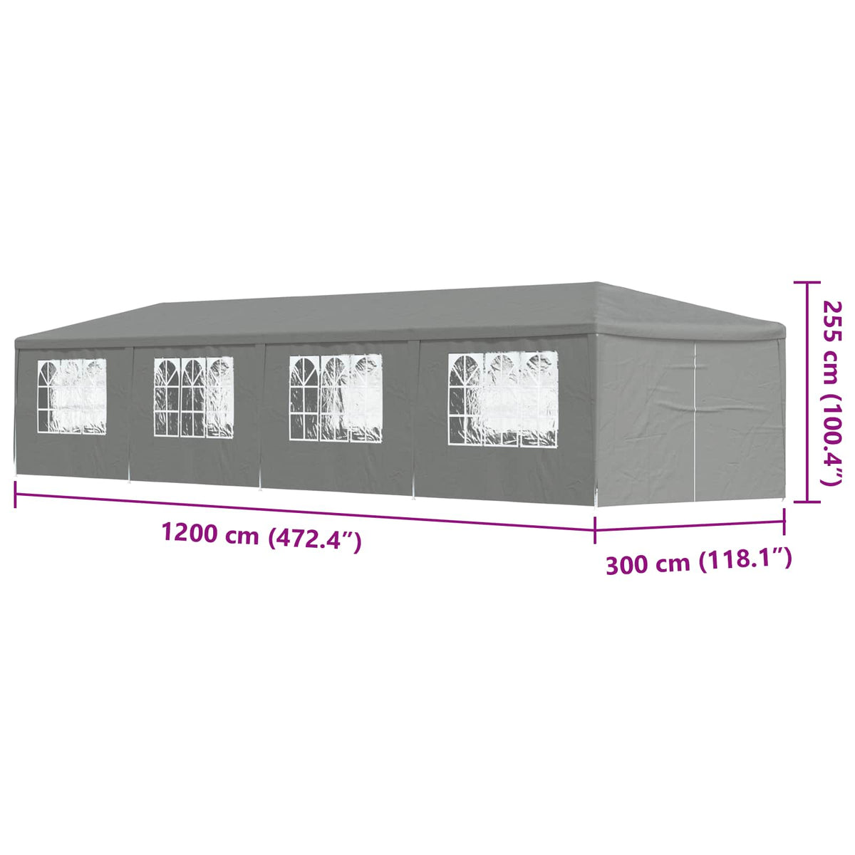 Party Tent 1200 x 300 x 255 cm Lysegrå PE og stål