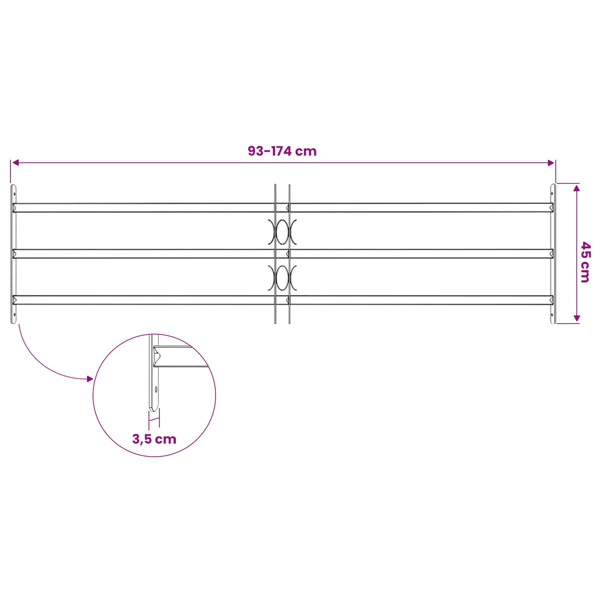 Sikkerhedsrist til vinduer med 3 tværstænger 3 stk. 930-1740 mm