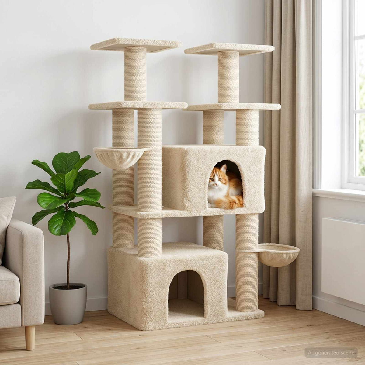 Kattetræ med sisal klatreposter Cremefarvet 147 cm 2 stk.