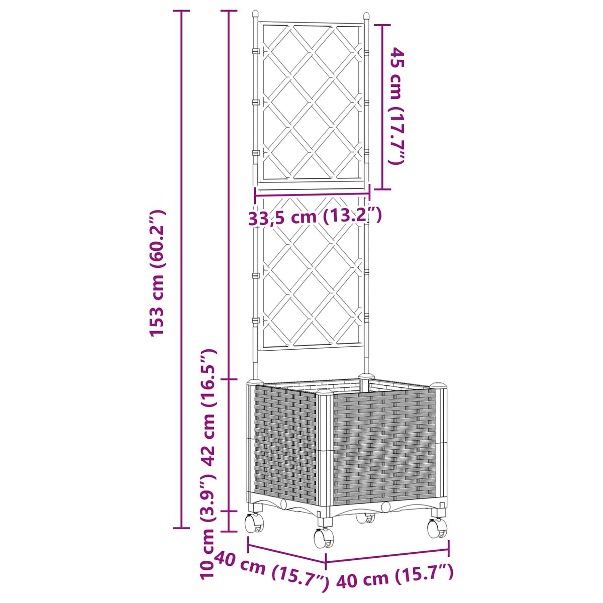 Haveplantekasse med espalier og hjul Brun 40 x 40 x 149 cm PP