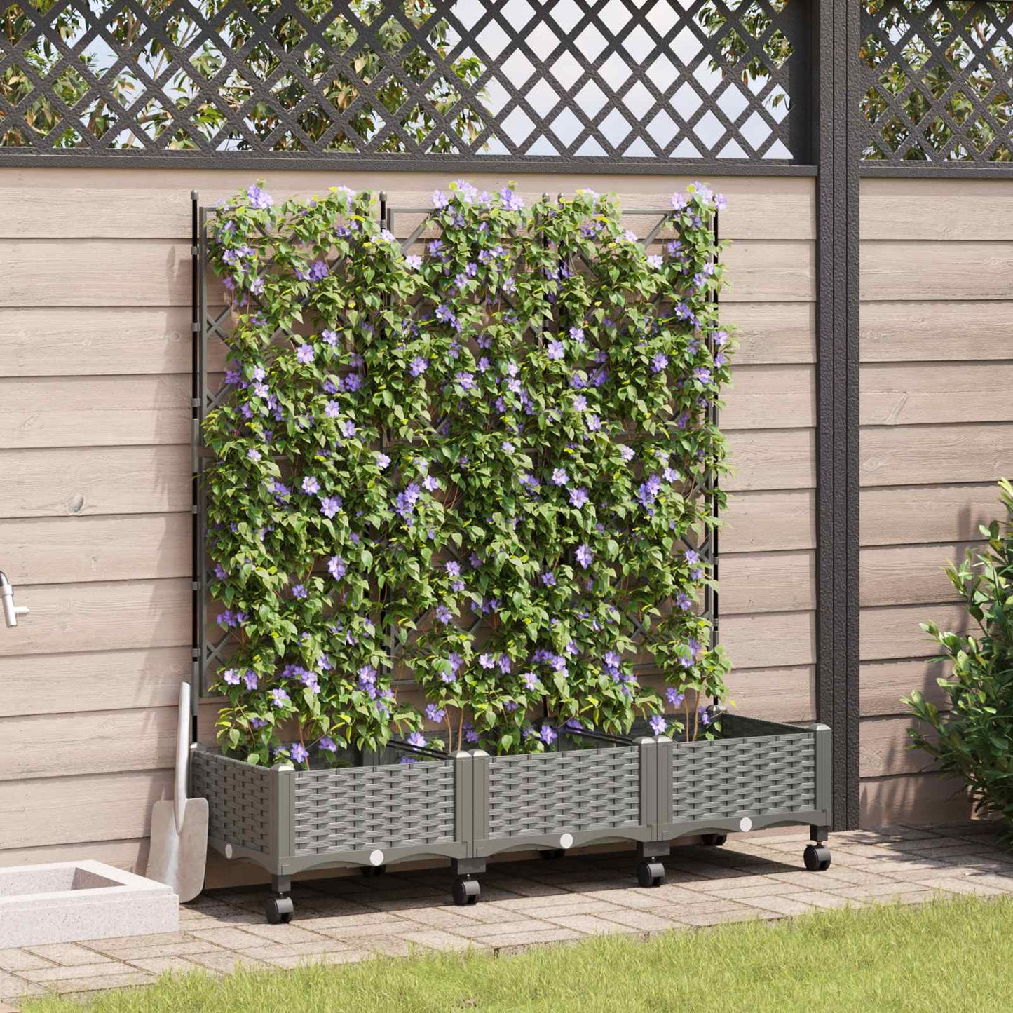 Haveplantekasse med espalier og hjul 3 stk. Lysegrå