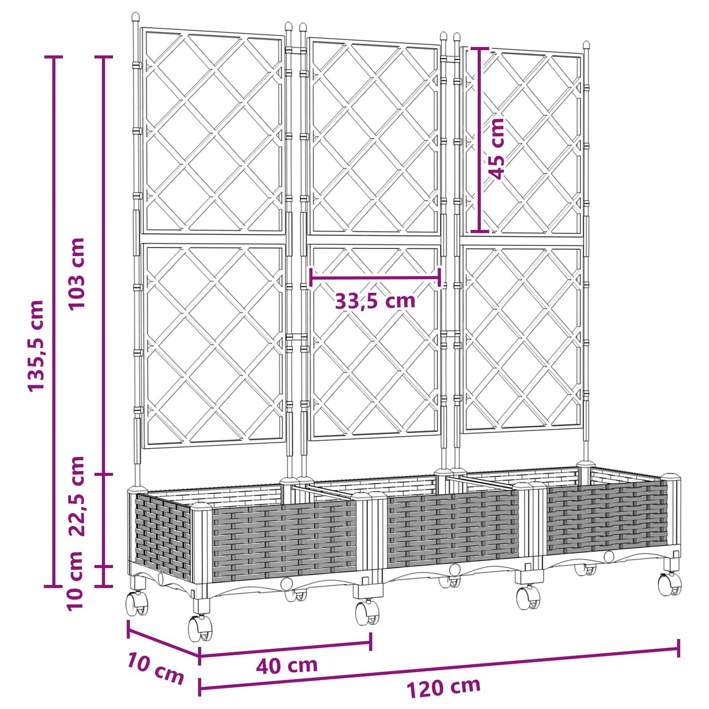 Haveplantekasse med espalier og hjul 3 stk. Lysegrå
