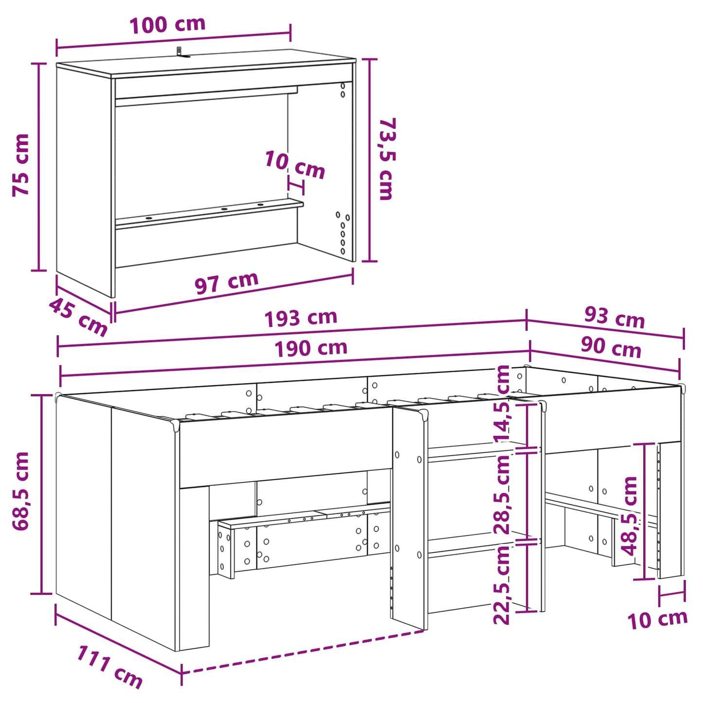 Børneseng med skrivebord Gammelt træ 90 x 190 cm