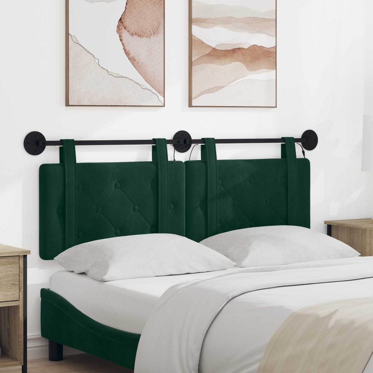 Hængende sengegavl Med LED-lys Mørkegrøn Fløjl