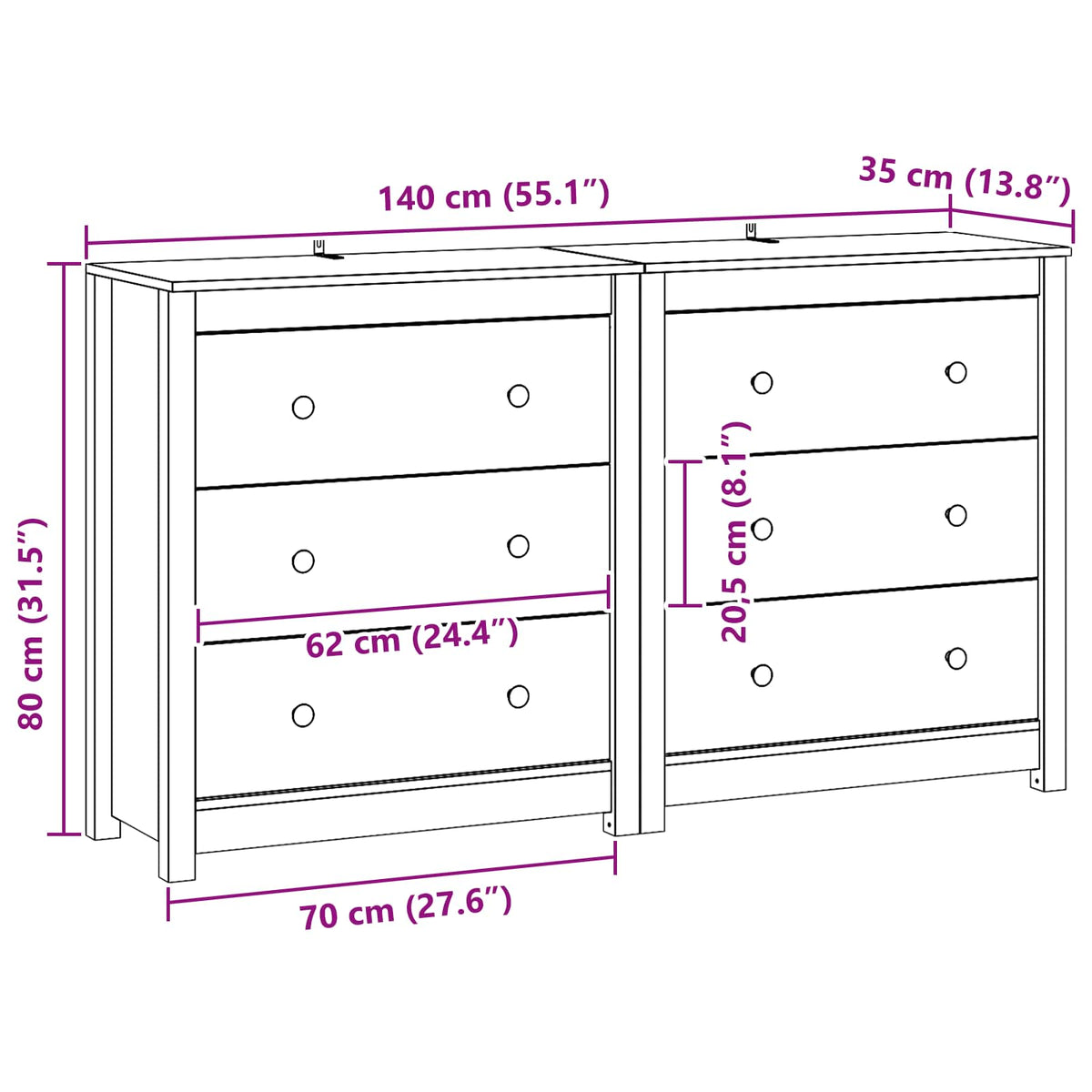 Sideboard 2 stk. VoksBrun 140 x 35 x 80 cm Massivt fyrretræ