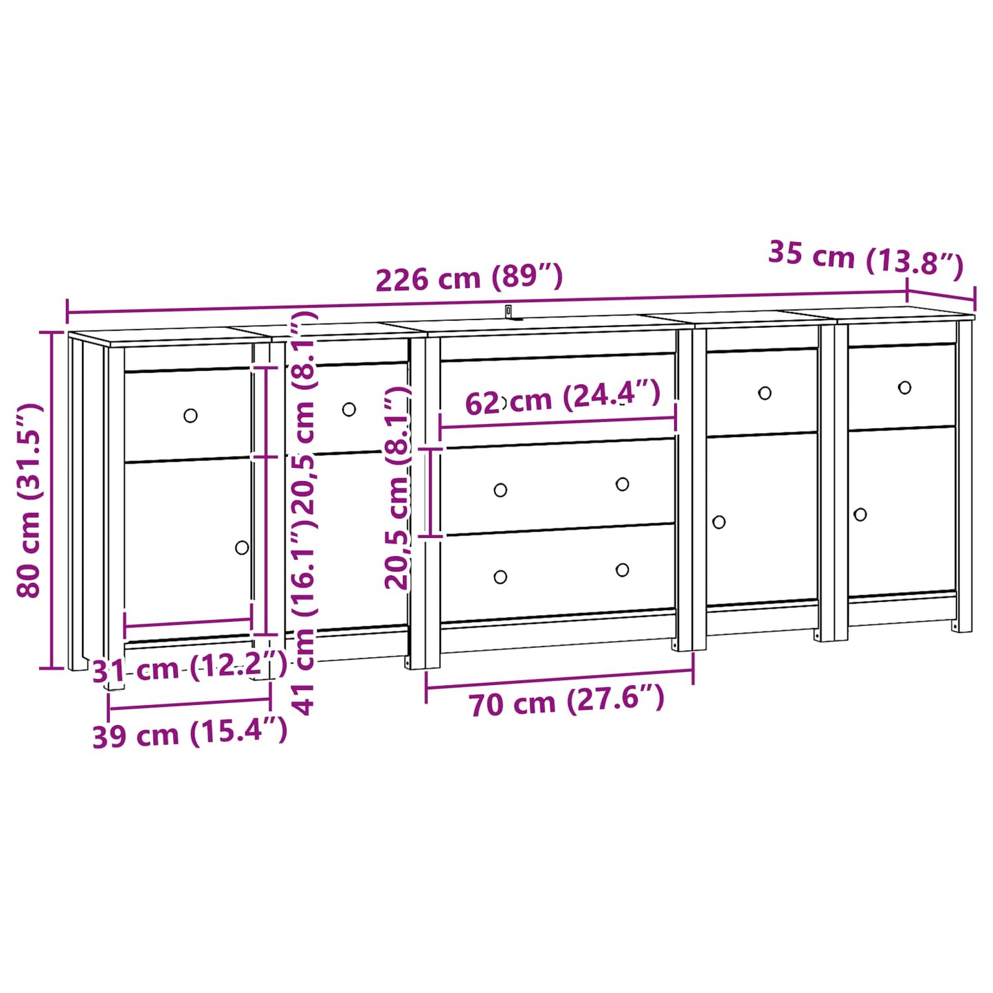 Sideboard 5 stk. VoksBrun 226 x 35 x 80 cm Massivt fyrretræ