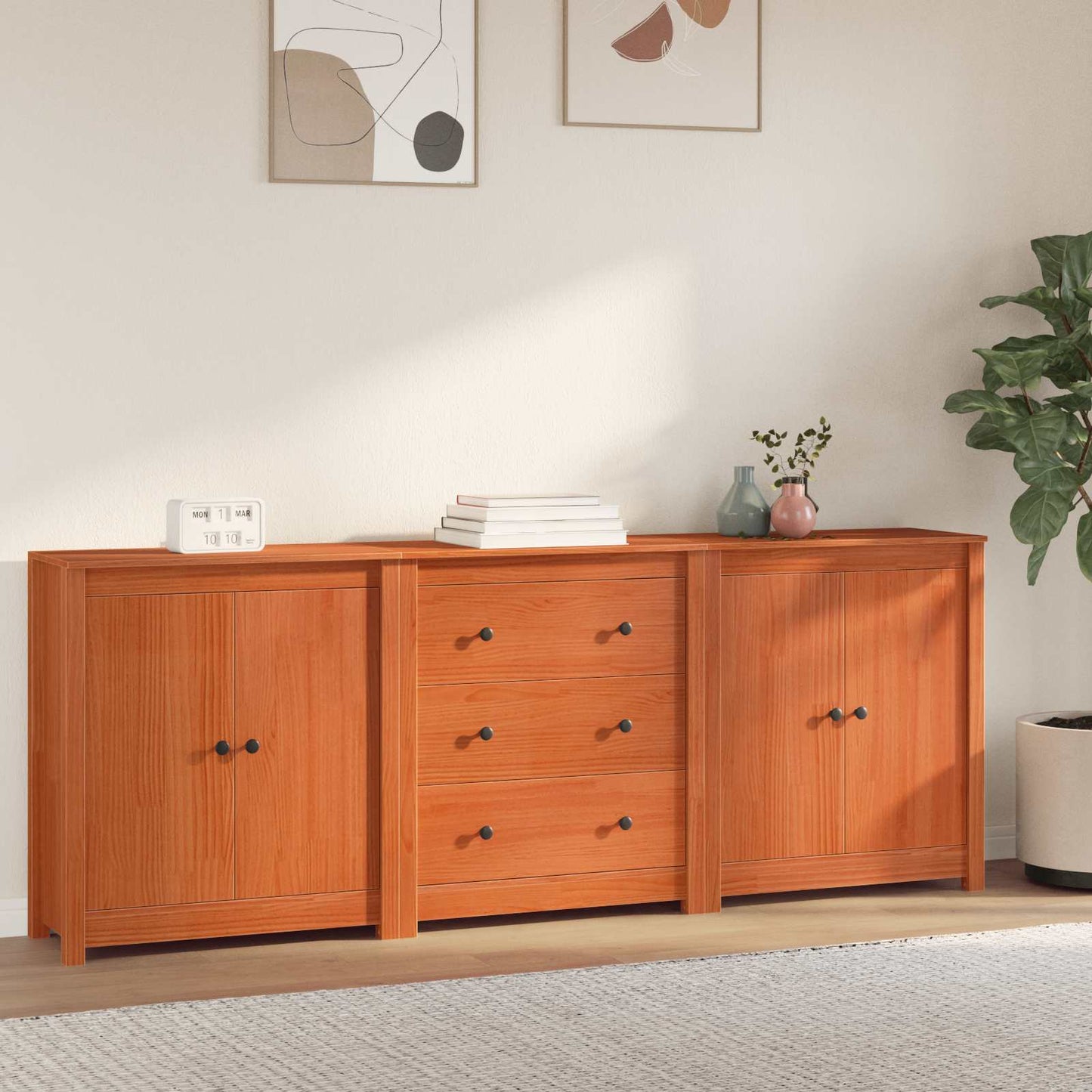 Sideboard 3 stk. VoksBrun 210 x 35 x 80 cm Massivt fyrretræ