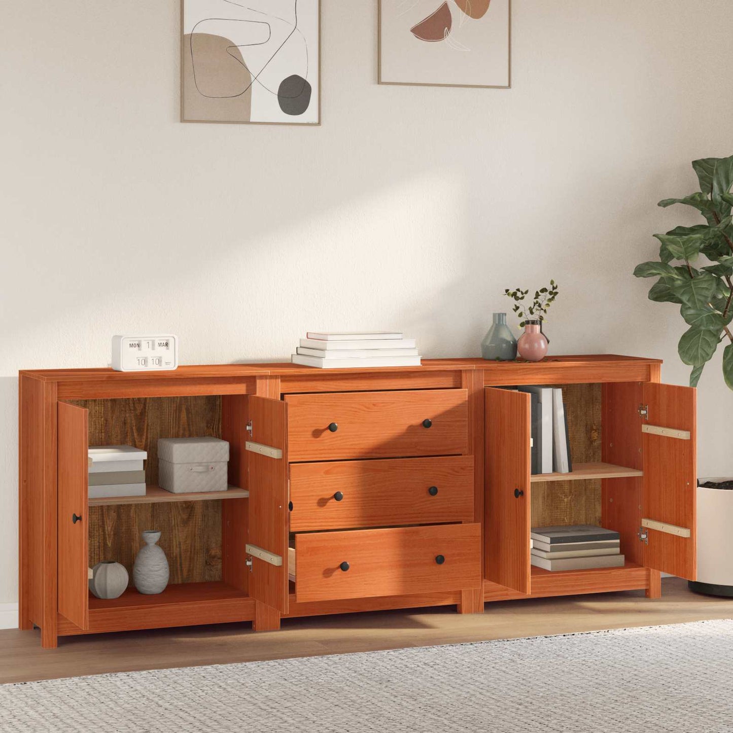 Sideboard 3 stk. VoksBrun 210 x 35 x 80 cm Massivt fyrretræ