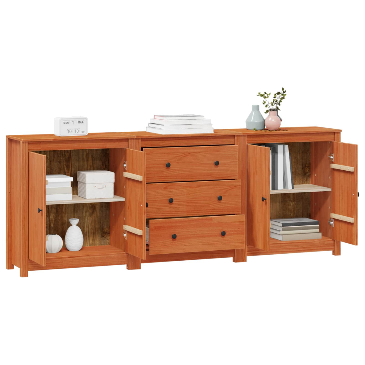 Sideboard 3 stk. VoksBrun 210 x 35 x 80 cm Massivt fyrretræ