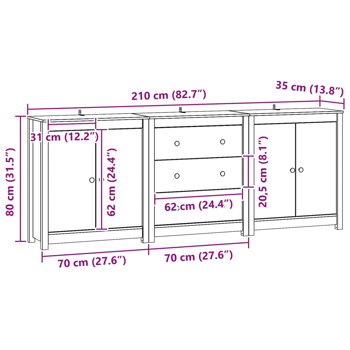 Sideboard 3 stk. VoksBrun 210 x 35 x 80 cm Massivt fyrretræ