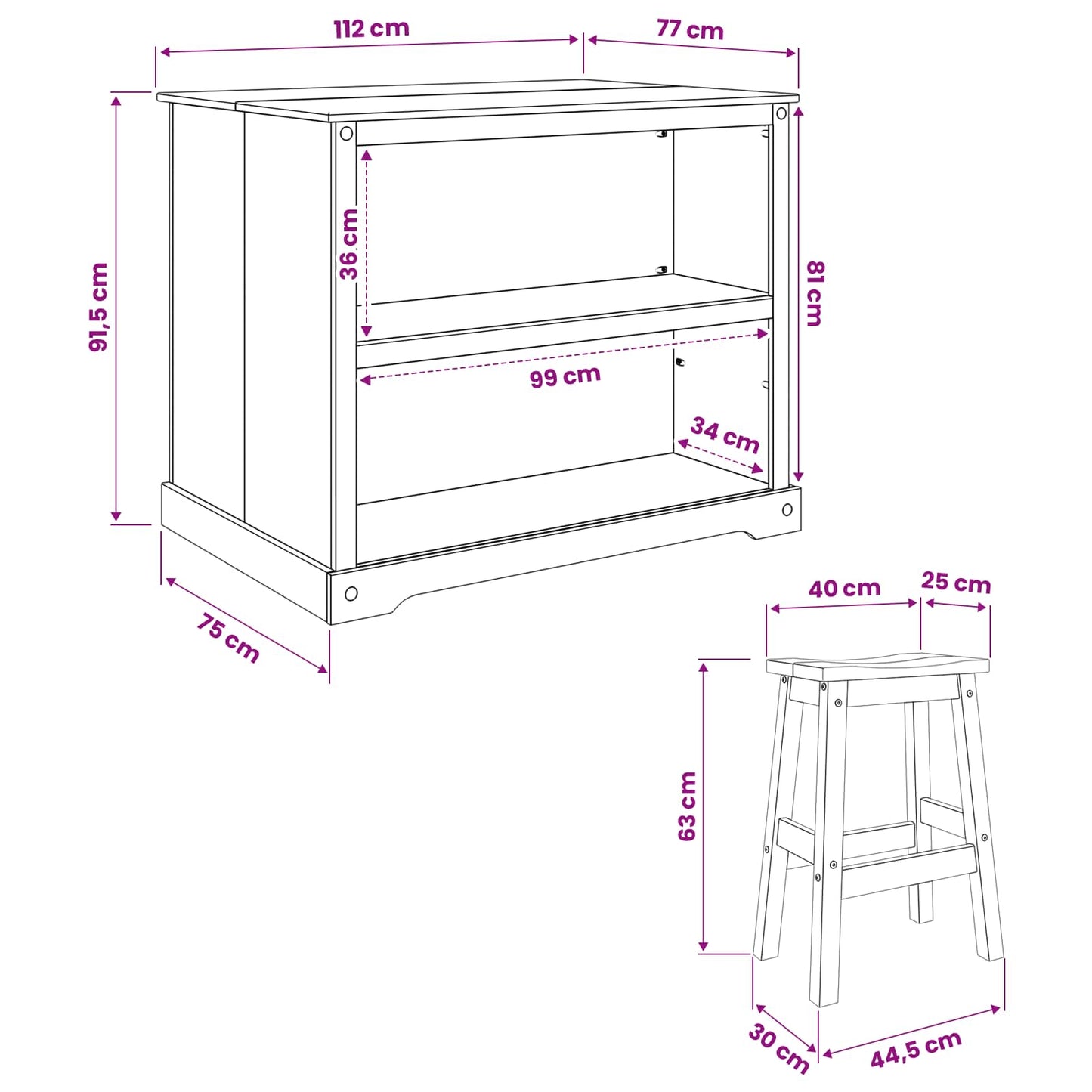 Køkkenø sæt 3 stk. Honning Voks 112 x 77 x 91,5 cm Massiv fyr