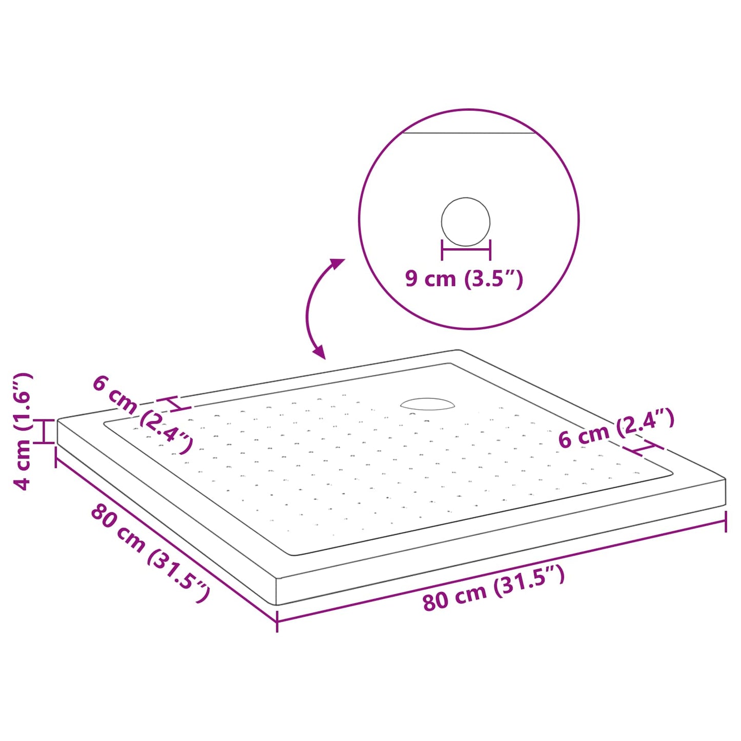 Brusebund Tray med Dots 80 x 80 x 4 cm ABS Sort