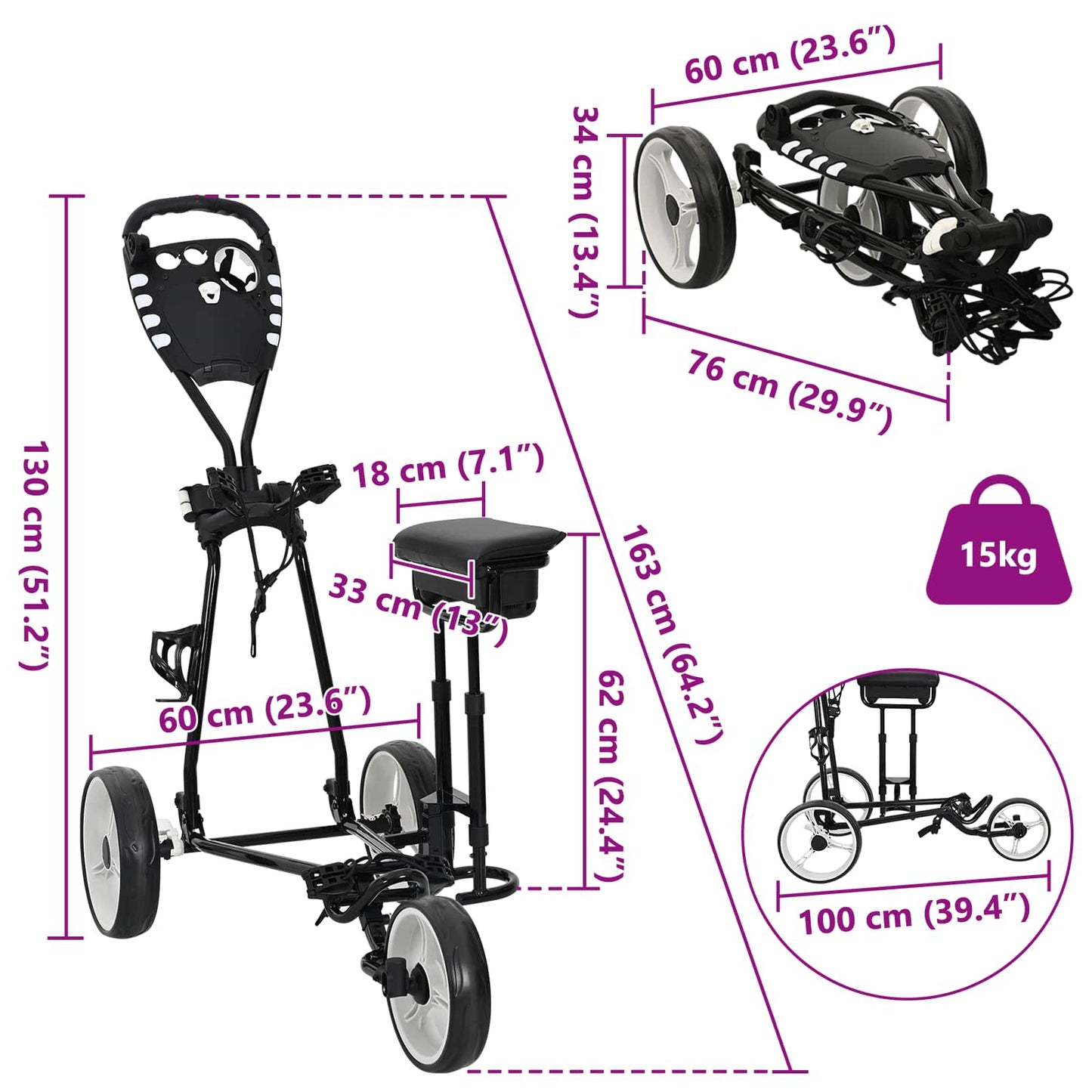 Golf Trolley med sæde Sort og Hvid Jern Sammenklappelig