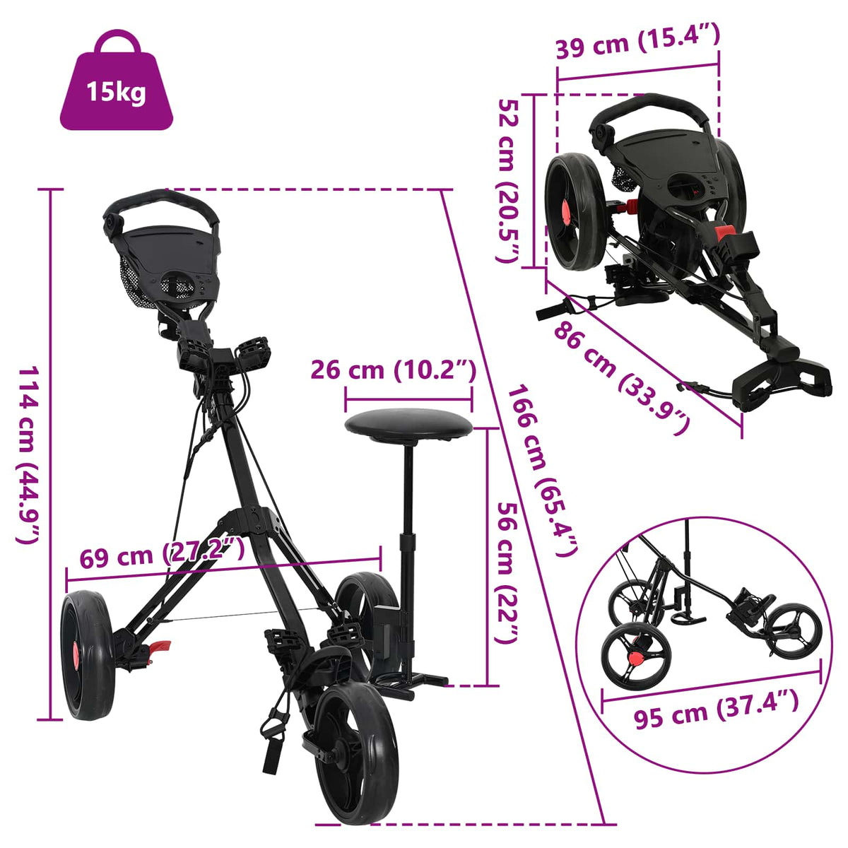 Golf Trolley med sæde Sort 95 x 69 x 114 cm Jern