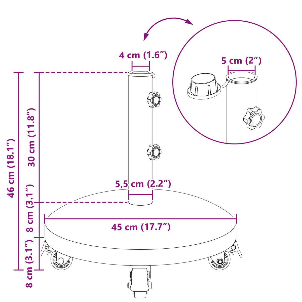 Granitskærm med hjul til 4-5 cm pole 27.2 kg Grå