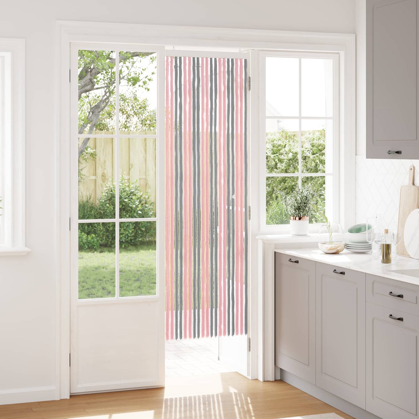 Insektgardin i chenille Sølvgrå og lyserød 56 x 185 cm 100% PP