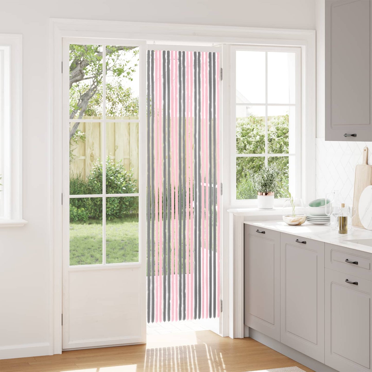 Insektgardin i chenille Sølvgrå og lyserød 56 x 200 cm 100% PP