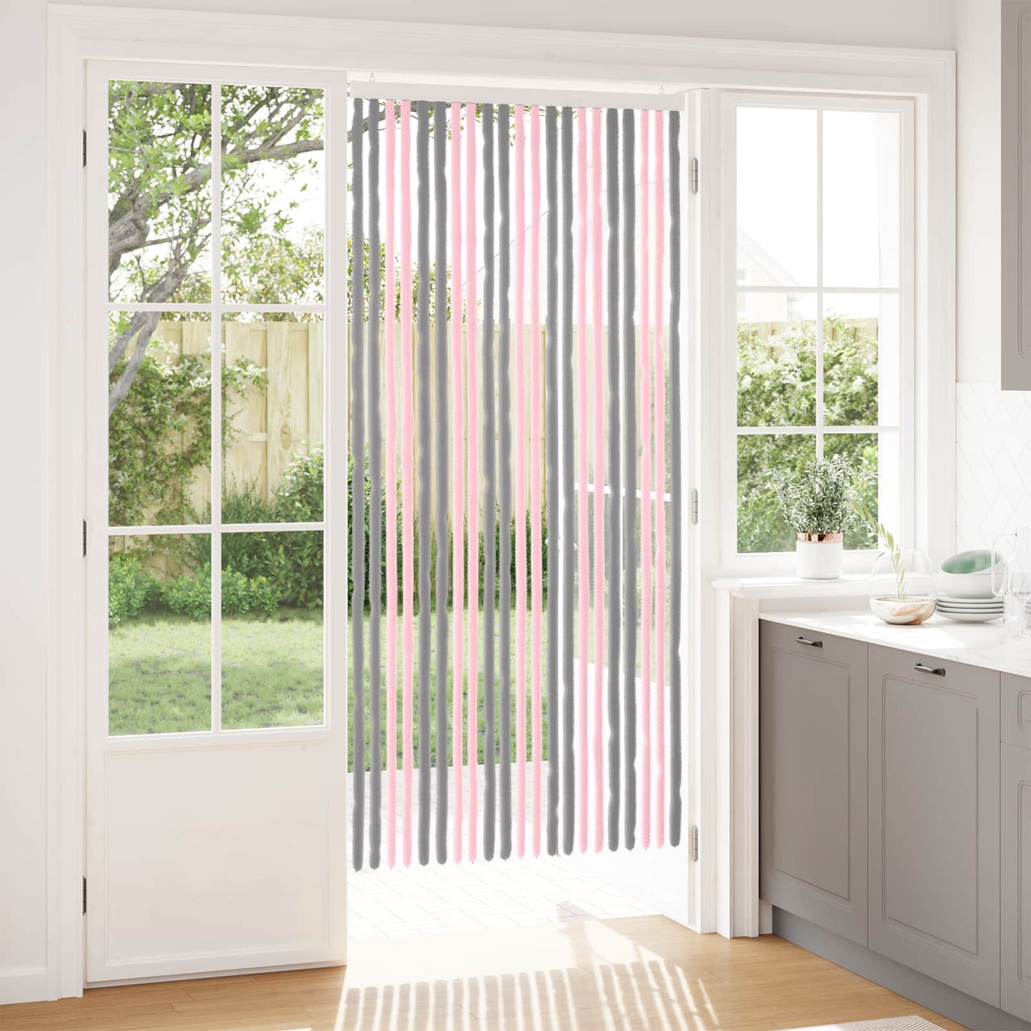 Insektgardin i chenille Sølvgrå og lyserød 90 x 200 cm 100% PP