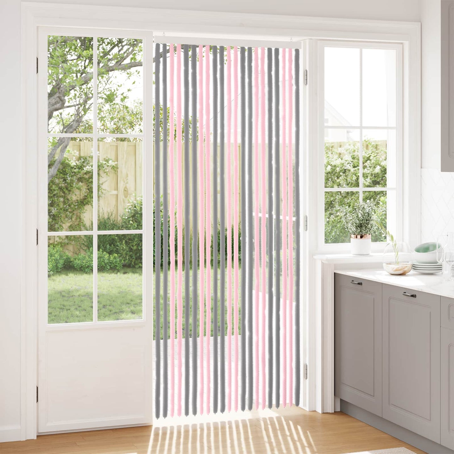 Insektgardin i chenille Sølvgrå og lyserød 90 x 220 cm 100% PP