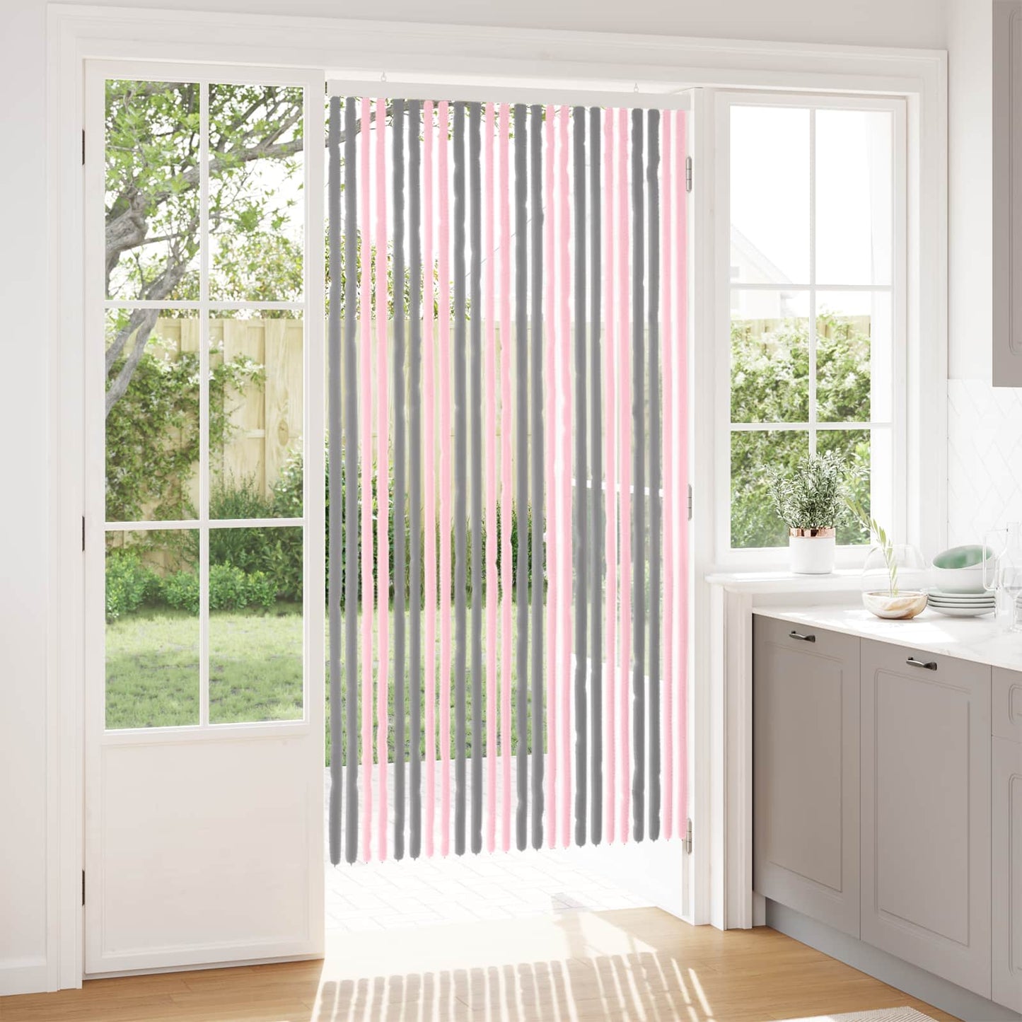 Insektgardin i chenille Sølvgrå og lyserød 100 x 200 cm 100% PP