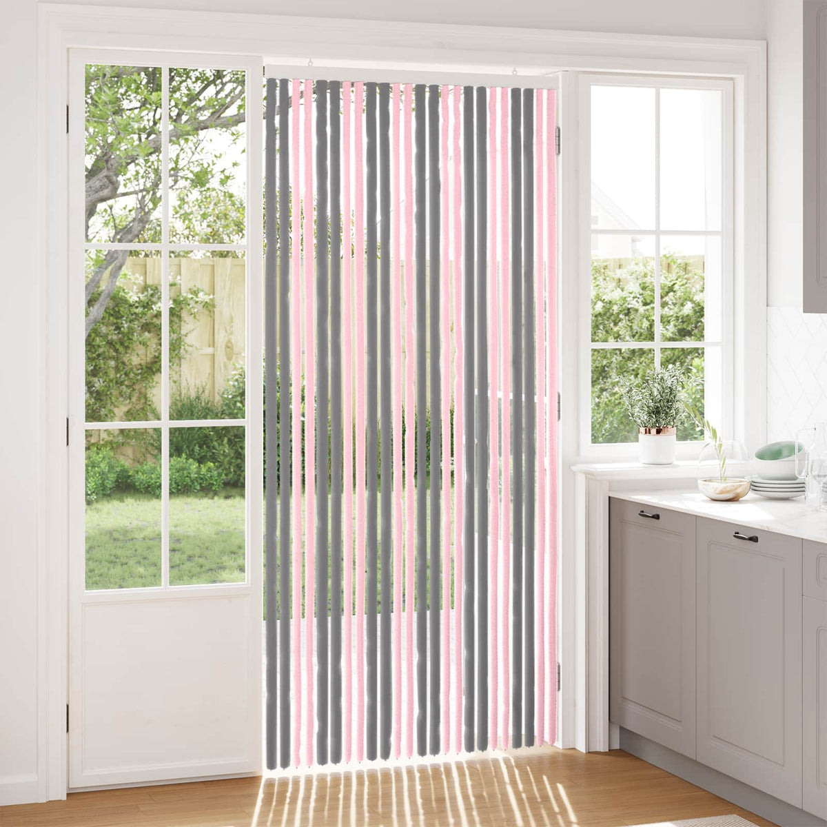 Insektgardin i chenille Sølvgrå og lyserød 100 x 220 cm 100% PP