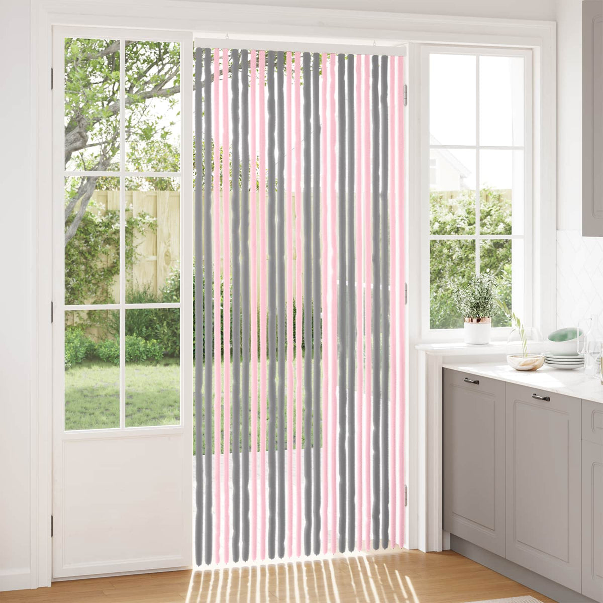 Insektgardin i chenille Sølvgrå og lyserød 100 x 230 cm 100% PP