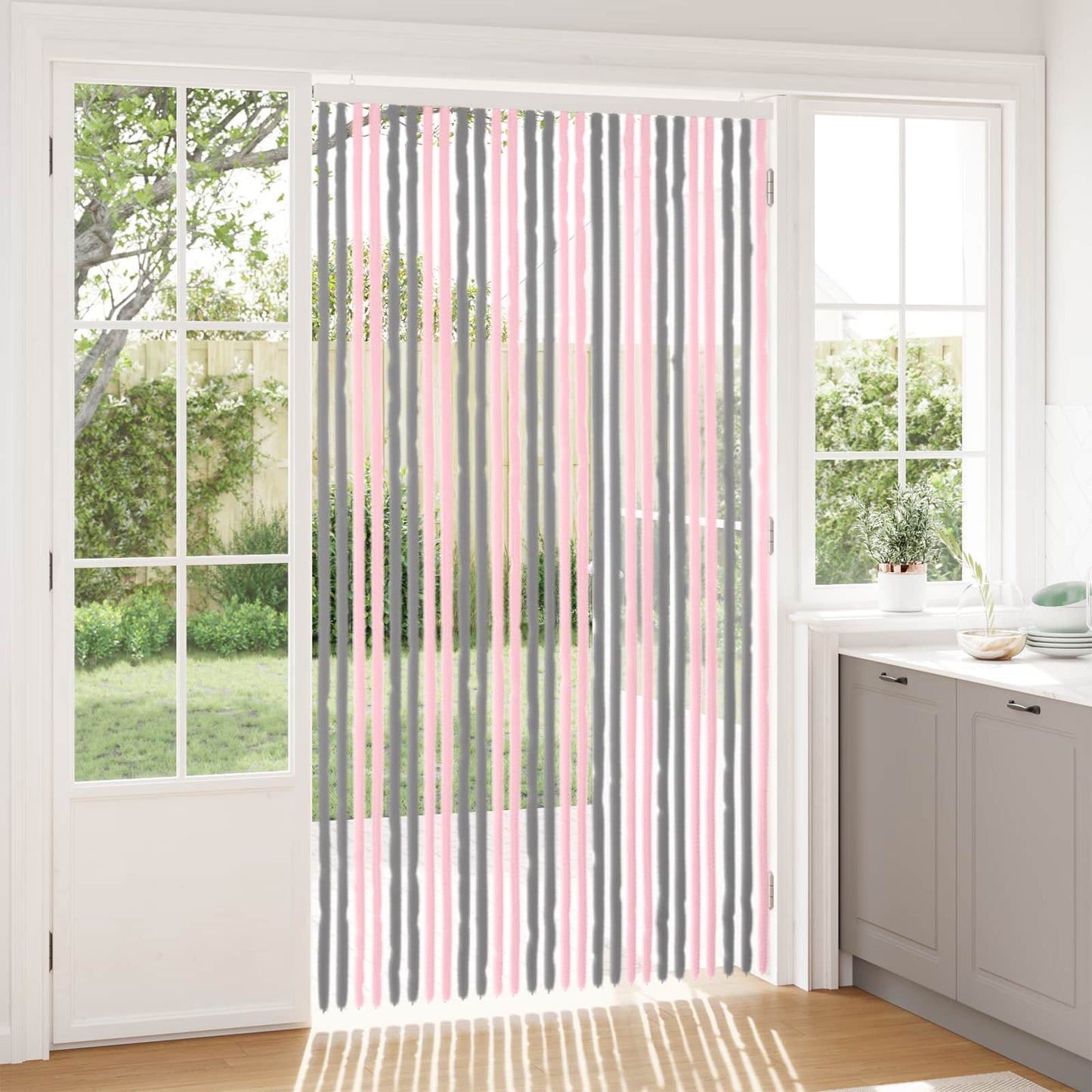 Insektgardin i chenille Sølvgrå og lyserød 118 x 220 cm 100% PP