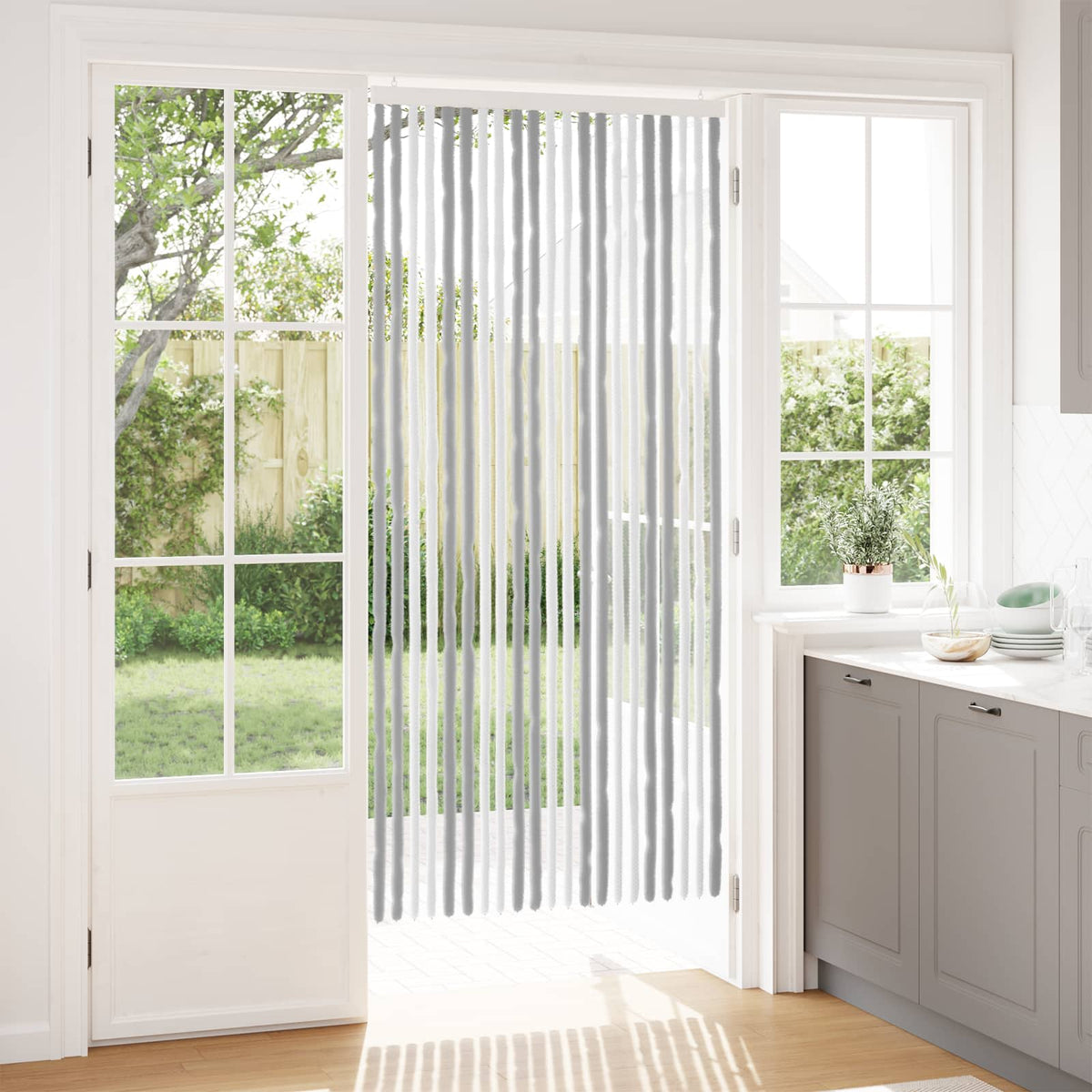 Insektgardin i chenille Grå og Hvid 90 x 200 cm 100% PP