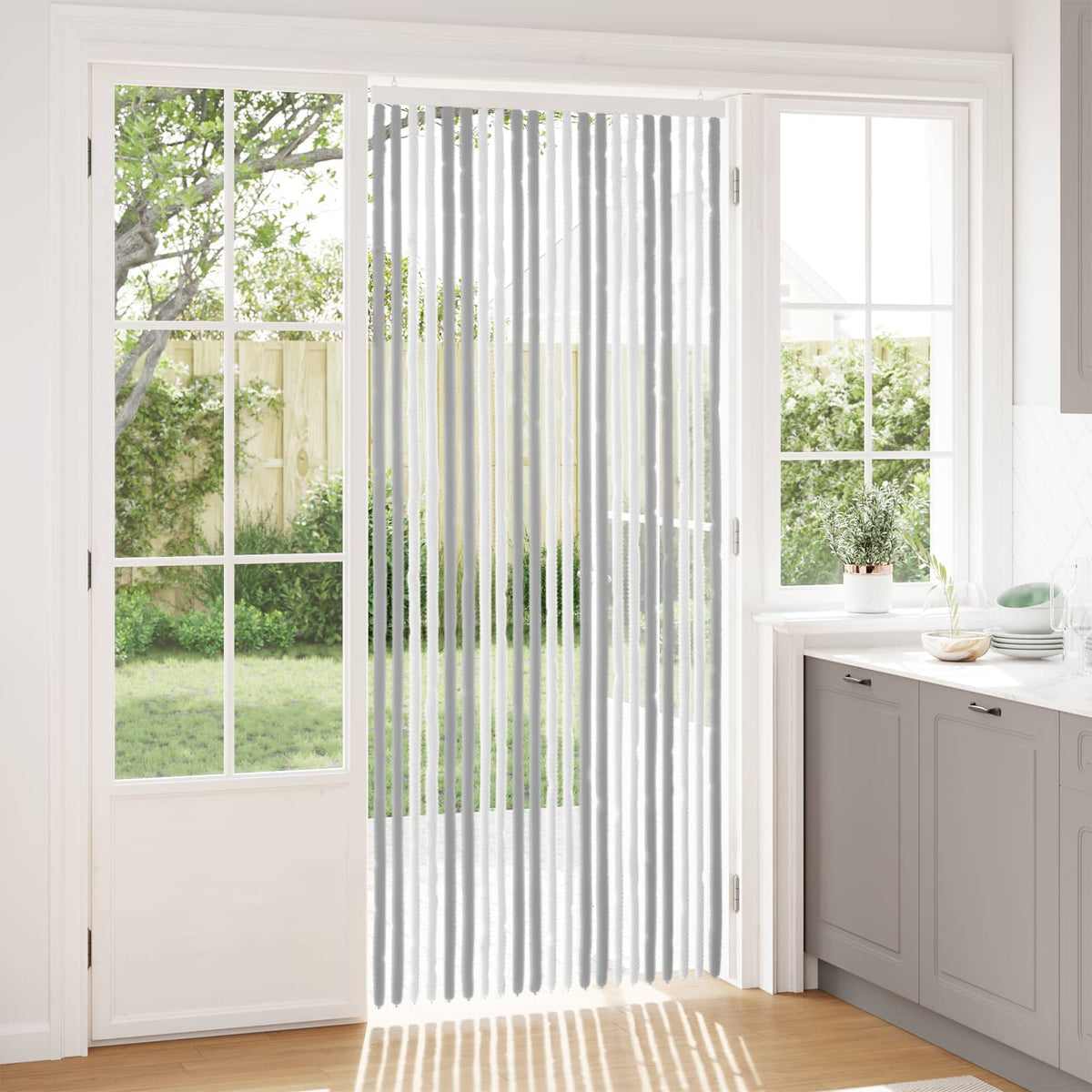 Insektgardin i chenille Grå og Hvid 90 x 220 cm 100% PP